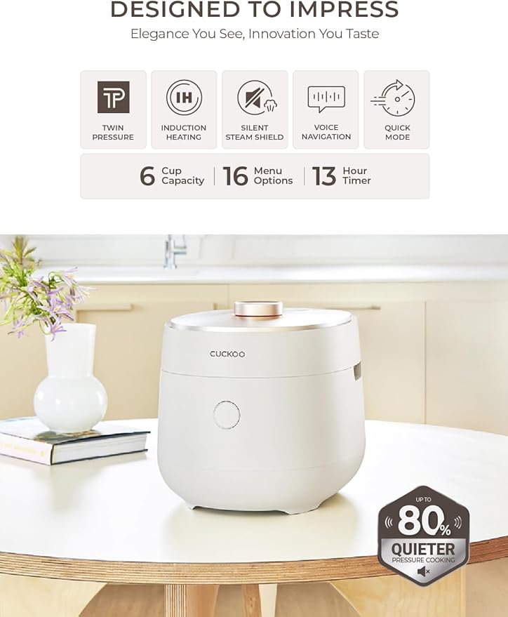 CUCKOO Twin Pressure Rice Cooker 6-Cup Uncooked / 12-Cup Cooked with Induction Heating Technology, Silent Pressure System, Open Cooking Mode, Dynamic Display, Eco Inner Pot, White (CRP-OHTR0609FW)