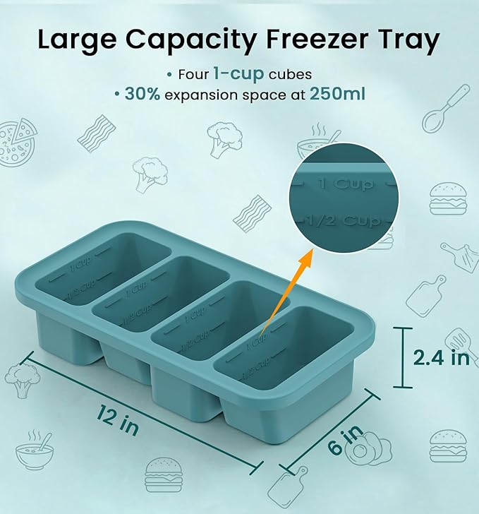 DOQAUS Silicone Freezer Molds, Reinforced Steel Frame 1 Cup Ice Cube Trays with Lid, 4-Cavity BPA-Free Soup Containers for Meal Prep, Kitchen