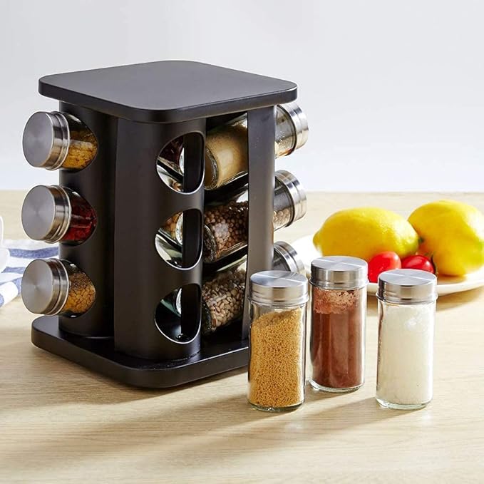 Revolving Spice Rack Organizer with 12 Jars, Countertop Spice Seasoning Rack Tower with 12 Glass Jar Bottles Refillable for Kitchen Cabinet, Stainless Steel, Black