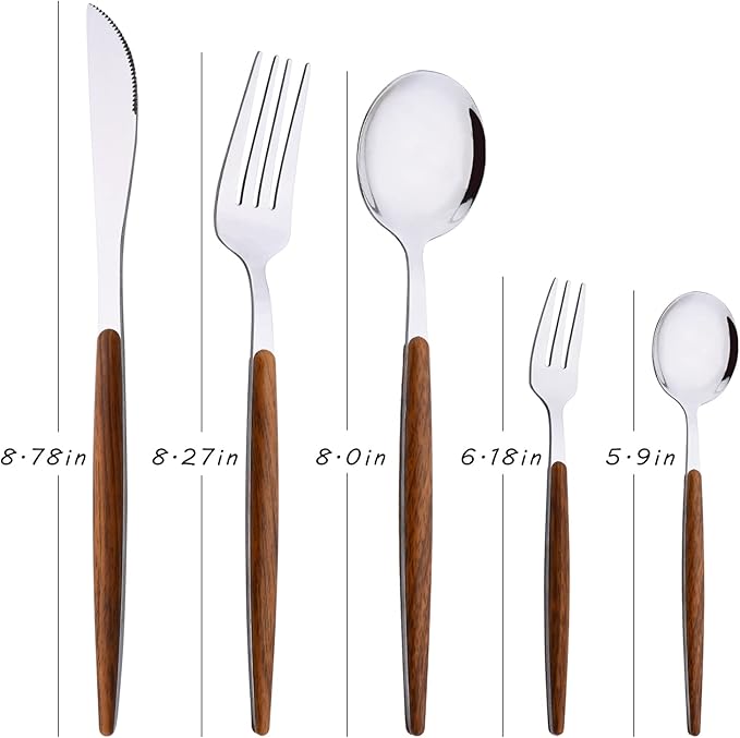 30-Piece Stainless Steel Silverware Set, Silver Mirror Polished Flatware Cutlery Set for 6, Tableware Eating Utensils Set for Home Restaurant Wedding, Dishwasher Safe (Wooden Effect Handle)