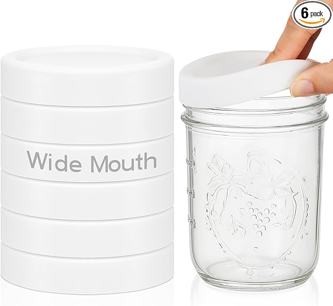 Teenyyou 6 Pcs Silicone Wide Mouth Lids Mason Jar Lids Thickened Leak Proof Lid for 86 mm All Wide Mouth Mason Jars, Reusable Large Canning Jar Caps (White)