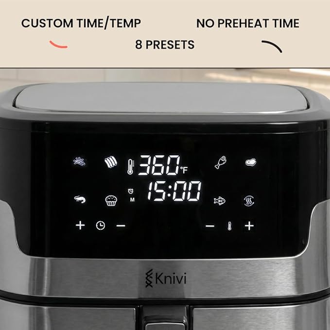 Knivi 8L Stainless Steel Air Fryer – 1500W Digital Touchscreen Airfryer Oven with 8 One-Touch Presets, Defrost & Bake – Large Family Size Non-Stick Basket, Dishwasher Safe – Silver