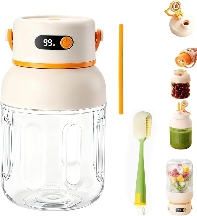 Portable Electric Juicer Cup with Zero Cord Hassle, 33 Oz Cordless Personal Juicer Cup, Digital Display Portable Juicers Blender with Stainless Steel Blades, USB-C (orange-1200ml)
