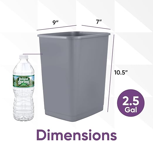 Superio Small 2.5 Gallon Plastic Trash Can, Unlidded Waste Bin Only for Under Desk, Office, Bedroom, Bathroom- 10 Qt, Grey