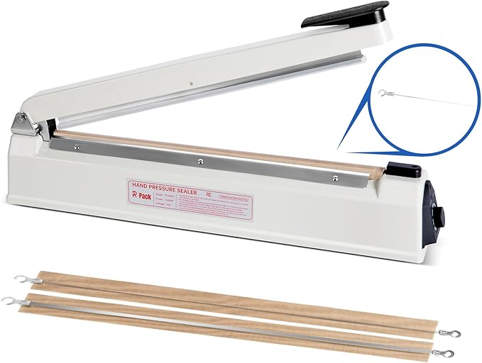 Impulse Heat Sealer with Hot Cutting Wire, Heavy-Duty Bag Sealing & Cutting Machine, 2 Extra Replacements, 8 Stalls Temperature Adjustment, White, 16-Inch