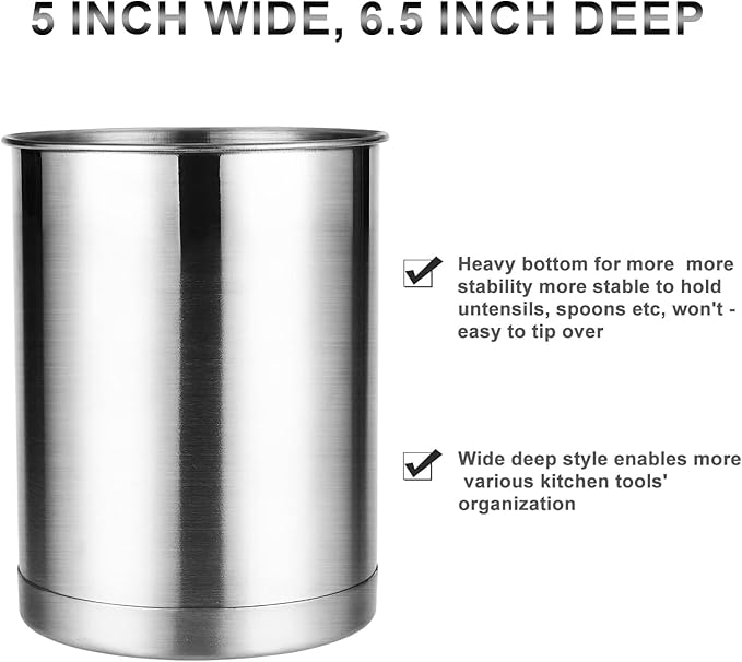 KSENDALO 3 Pack Stainless Steel Utensil Holder for Counter, Brushed Silver Metal Utensil Crock Canister with Heavy Base, Dishwasher Safe, for Kitchen Countertop Storage