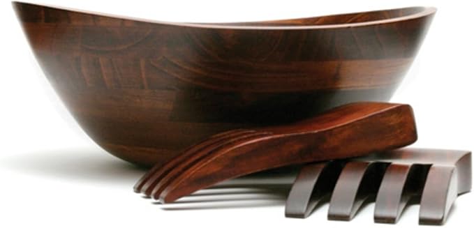 Lipper International Cherry Finished Wavy Rim Serving Bowl with 2 Salad Hands, Large, 13" x 12.5" x 5", 3-Piece Set