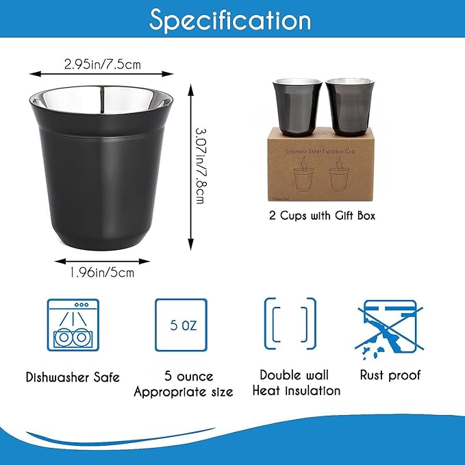 Easyworkz Stainless Steel Espresso Cup 2pcs Set Double Wall 5 oz, Bundled Espresso Steaming Pitcher Stainless Steel 12 oz Coffee Frothing Picther Milk Jug Cappuccino Latte Art Cup