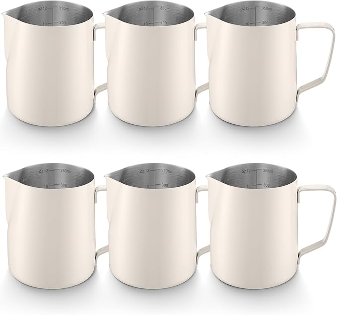 Honeydak 6 Pcs Milk Frothing Pitcher 304 Stainless Steel Steaming Pitchers for Coffee Bar Cappuccino Barista Tools Milk Jug Steamer Frother Cup (12 oz,White)