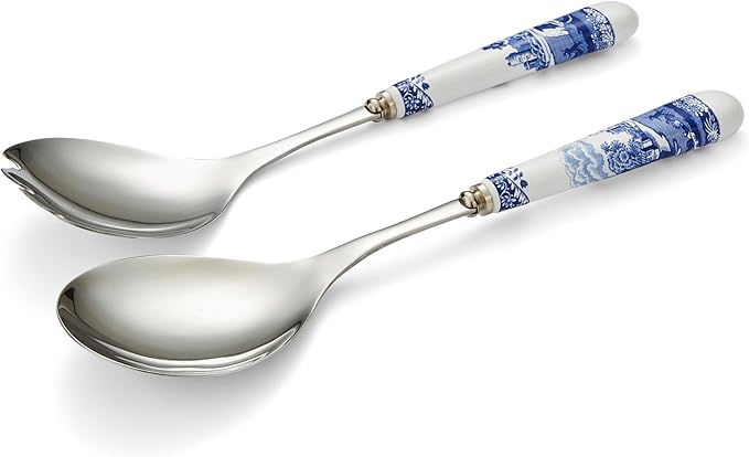 Spode Blue Italian Collection Salad Servers | 2 Piece Spoon and Fork Set | 10 Inch | Blue and White | Made of Porcelain and Stainless Steel | Italian Countryside Design