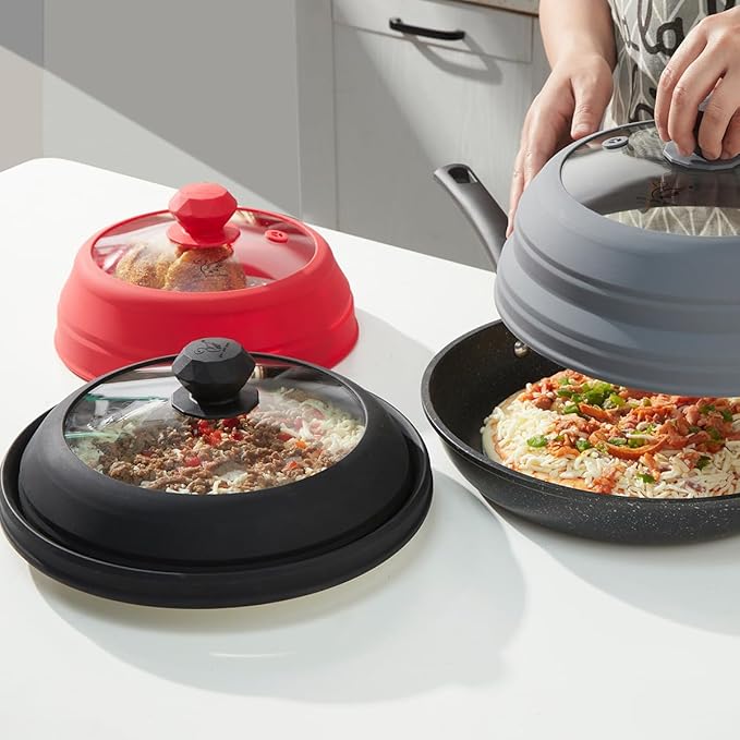 Microwave Splatter Cover Vented Glass Splatter Guard Lid with Collapsible Silicone for Food as Pot Cover Plate 9.8 inch Light Grey