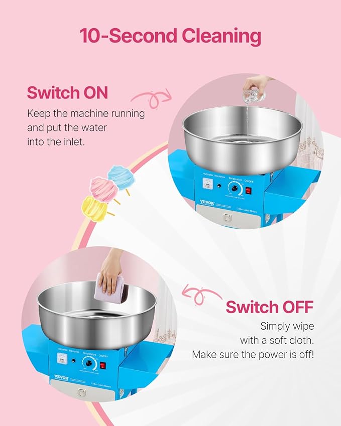VEVOR Commercial Cotton Candy Machine with Cart, 1000W Electric Candy Floss Maker with 20.5 in Stainless Steel Bowl, Sugar Scoop and Drawer, for Home, Kids Birthday, Family Party, Blue