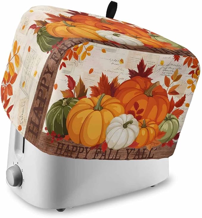 Orange Pumpkins Fall Toaster Cover 2 Slice, Thanksgiving Maple Leaf Dustproof Bakeware Oven Protector with Top Hook, Autumn Retro Waterproof Small Kitchen Appliance Toasters Dust Cover, 12"x7.5"x8"