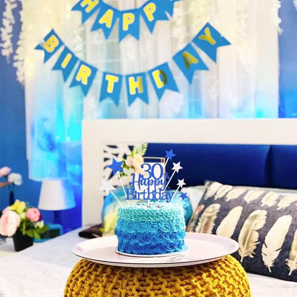 Glittery 30th Happy Birthday Cake Topper with Star,Personalised 50 Birthday Cake Toppers Party Decorations Party Supplies for Men Women Blue