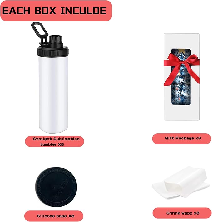 8 Pack 20oz Sublimation Tumblers Bulk, Flat Edge Sublimation Tumbler Blank, Skinny Straight Stainless Steel Blanks Cups with Individual Box(8, HANDLE LID B)