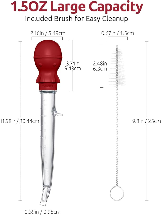 U-Taste 18/8 Stainless Steel Measuring Cups and Spoons Set of 10 Piece, Upgraded Thickness Handle and 1.5oz Heat Resistant Angled Turkey Baster with Cleaning Brush for Cooking Basting (Red)