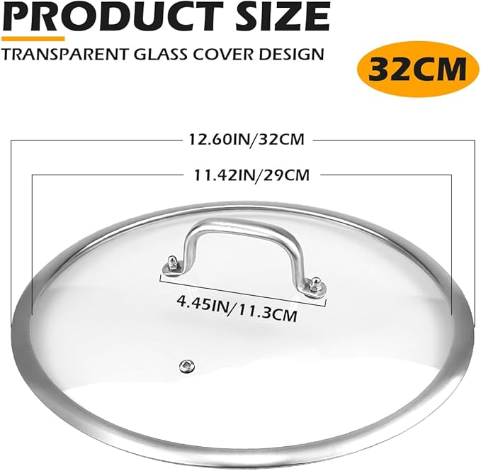 Universal Pan Lid 32cm/12 Inch - Tempered Glass Lid for Pots Pans Skillets Cooking Lids with Handle, Shatterproof Cover for Cast Iron & Silver Cookware