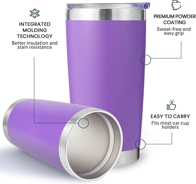 Volhoply 20oz Stainless Steel Tumbler with Lid and Straw,Double Wall Insulated Travel Iced Coffee Mug Fits Car Cup Holder,Powder Coated Cups for Hot and Cold Drinks,Gifts for Women Men（Purple,1 Set）