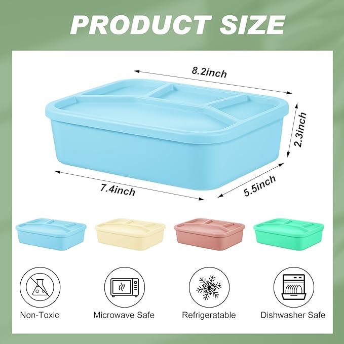 Ziliny 4 Pcs Silicone Bento Box Reusable Lunch Container Smooth Leak Proof Lunch Box Rectangle Bento Boxes for Adult Work Travel Food Meal Compartment Storage, 4 Colors (Bright Colors)