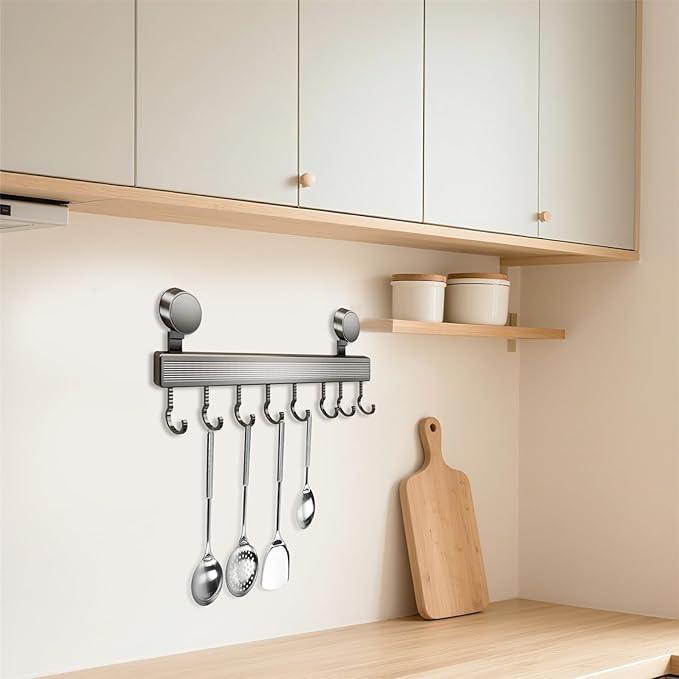 Kitchen Utensil Hooks with Suction Cup, Removable, Aluminum, 40 cm, 8 Hooks, No-Drill, Waterproof, 20 kg Capacity