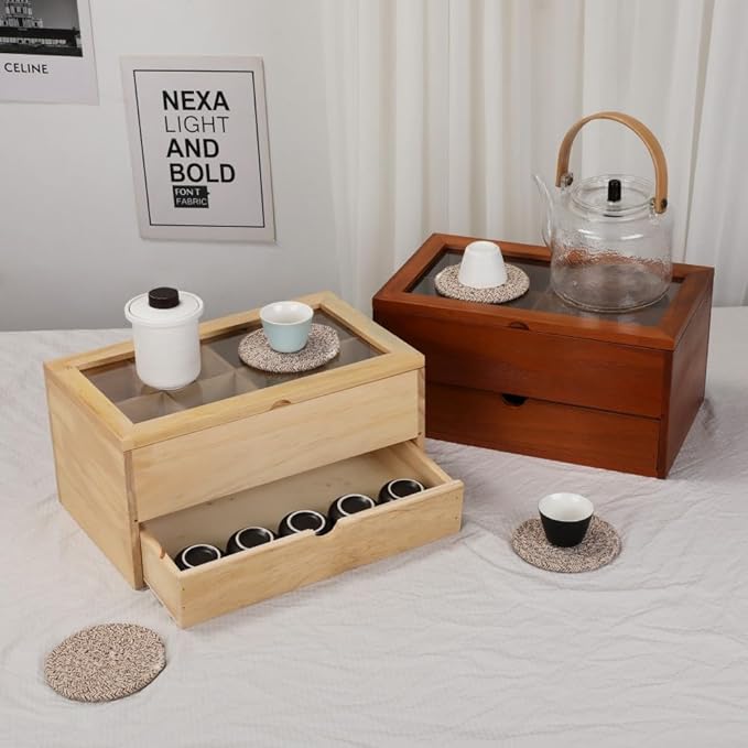 Tea Bag organizer Storage Box with Drawer Tea Organizers with Clear Acrylic Window Wooden Tea Box for Countertop with 8 Compartments Teabag Holder with 4 Cotton Woven Coasters（WWood02）