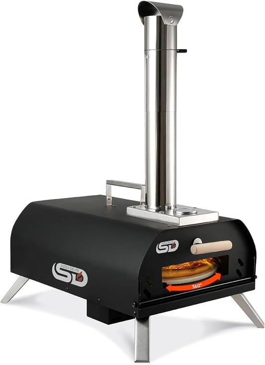 SizzleDelite Outdoor Pizza Oven Wood Pellet 12" Round Pizza Stone, Portable Wood Fired with Built-in Thermometer Pizza Stove, Stainless Steel Pizza Maker for Outside, Backyard, Camping - Black