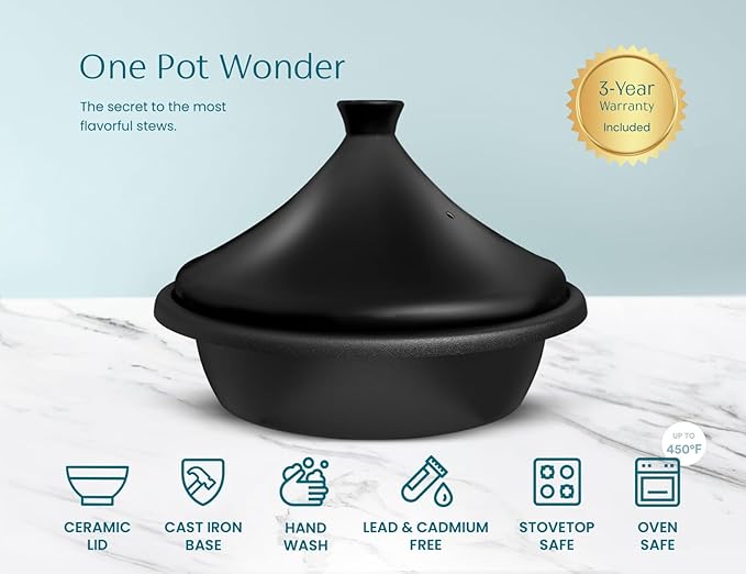 Kook Moroccan Tagine, Enameled Cast Iron Cooking Pot, Tajine with Ceramic Cone-Shaped Closed Lid, 3.3 QT (Matte Black)