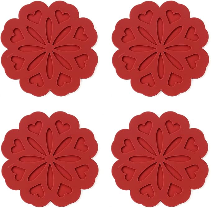 Set of 4 Silicone Trivet Mat - Hot Pot Holder Pads for Table & Countertop - Non-Slip & Heat Resistant Modern Kitchen Trivet for Dishes, Pots & Pans, Merlot Red