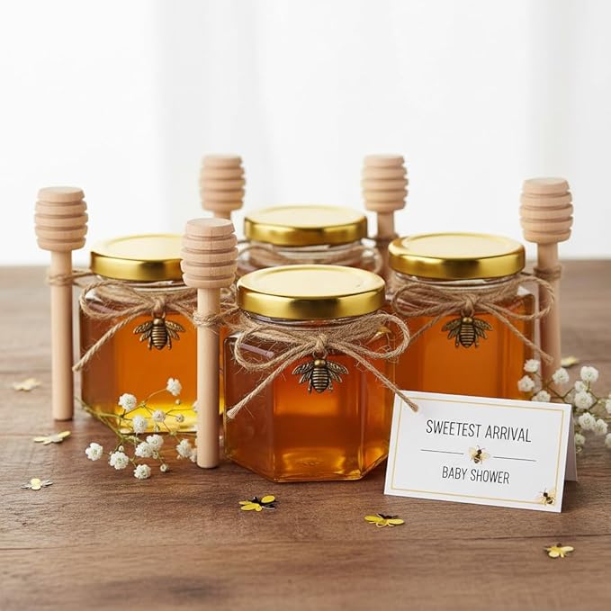 Adabocute Honey Pot, Mini Glass Honey Jars with Wood Dipper, Gold Lid, Bee Charms, Gold Organza Bags, Thank-you Tags, Ideal for Baby Showers Wedding Favors Party Favors, 2oz 30 Pack