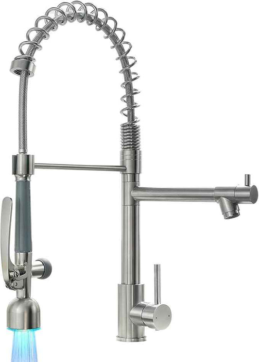 Fapully Commercial Single Handle Pull Down Sprayer Brushed Nickel Kitchen Faucet, Kitchen Sink Faucet with LED Light