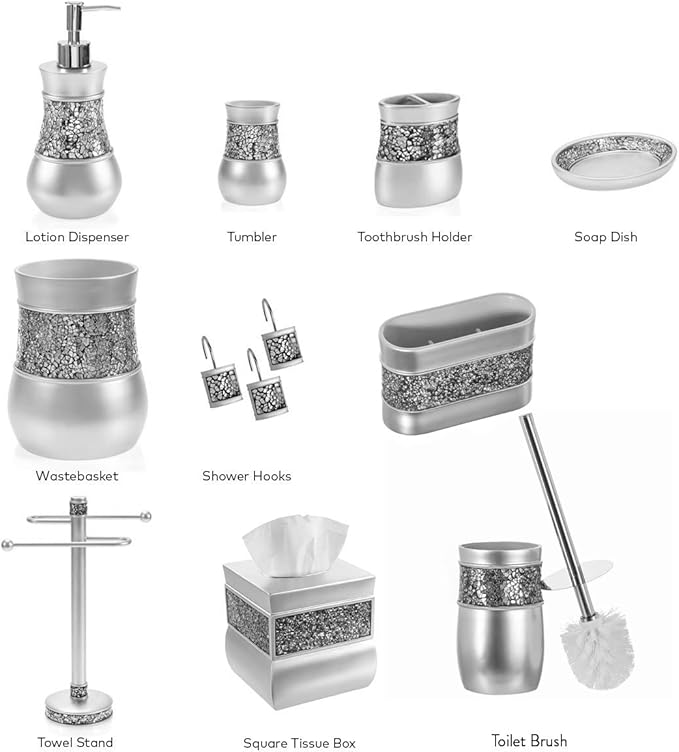 Creative Scents Crackled Glass Toilet Brush with Holder - Silver Toilet Bowl Cleaner Brush and Holder - Good Grip, Deep Cleaning, Decorative Design Compact Toilet Bowl Scrubber