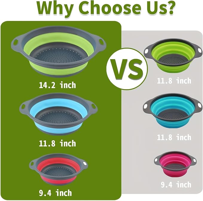 Silicone Colander Collapsible Strainers Set for Kitchen- 3 Pack (3Qt, 4Qt,5Qt) -Over Home Draining Basket, Food Vegetables & Fruits-Dishwasher Safe, BPA Free Space Saving Design (Green,Blue,Red)