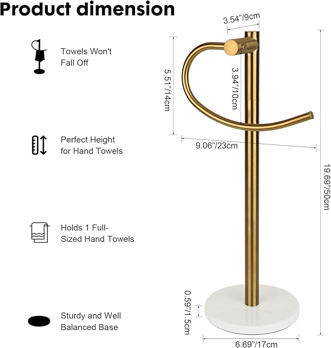 19 inch Brushed Gold Hand Towel Holder Stand,Hand Towel Bar Bathroom Vanity Countertop Towel Holder Free Standing,Towel Ring Hardware Accessories Towel Rack