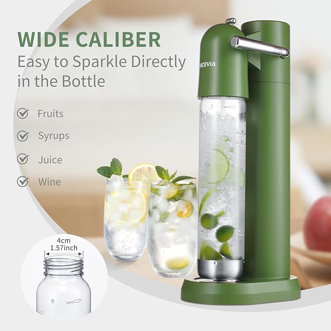 Sparkling Water Maker | Soda Beverage Machine | Soda Streaming Seltzer & Carbonator | 1L+0.5L BPA Free Bottles | Compatible Srew-in 60L CO2 (NOT Included) | Green