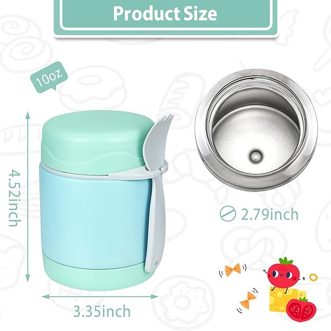 10oz Soup Thermo for Hot Food Kids,Lunch Thermo Kids Food Jar with Spoon Hot Insulated Food Containers,Leak Proof Stainless Steel Wide Mouth Lunch Thermo Jar for School(Mint-Green)