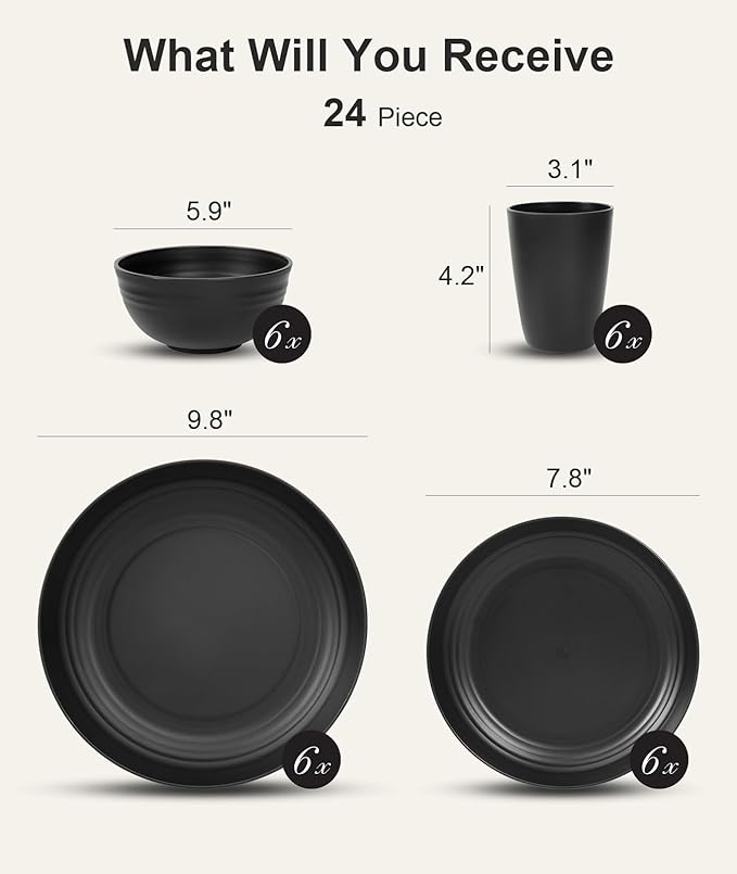 Quatish 24 Piece Plates and Bowls Sets for 6, Unbreakable Dinnerware Sets, Dish Set for Camping, Dishwasher Microwave Safe, Outdoor Kitchen and Apartment Dinning RV Essentials, Black