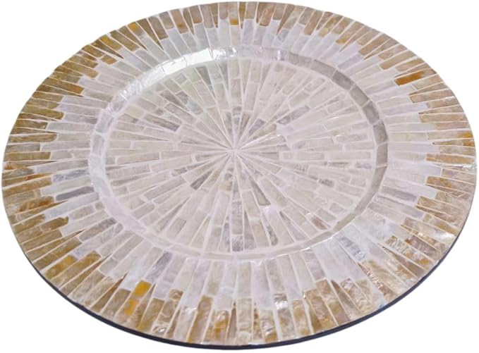 13 Inch Mother of Pearl Shell Placemat Plate – Large Round Decorative Heat for Table or Kitchen,Cabinet, Tabletop (Champagne White, 13 Inch)