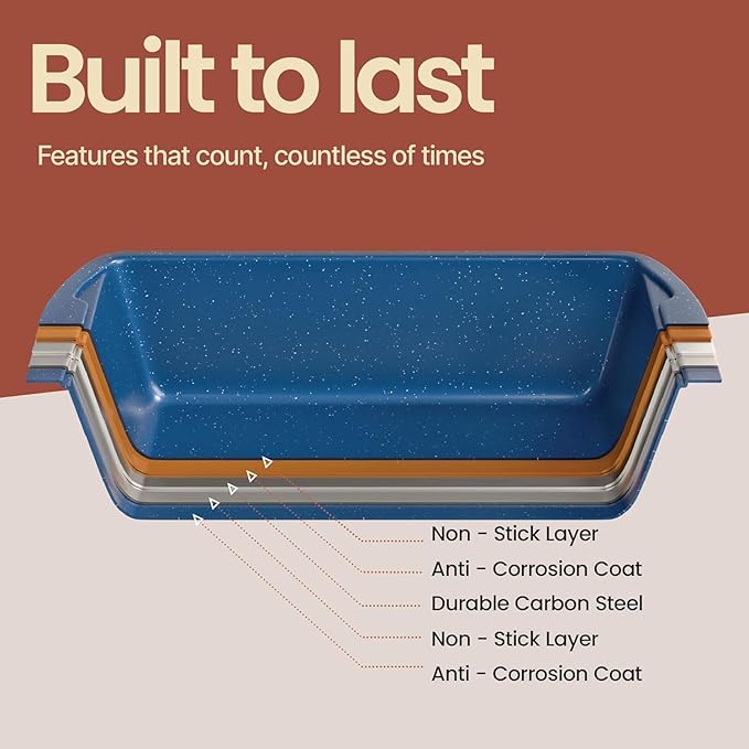 Nonstick Loaf Pan Set Pack of 1, Carbon Steel 11" Large Baking Bread Pan, Oven Safe Up to 450°F, PFOA, PFOS, PTFE Free, Space Saving Stackable Design, Stain Resistant, Dishwasher Friendly, Blue Marble