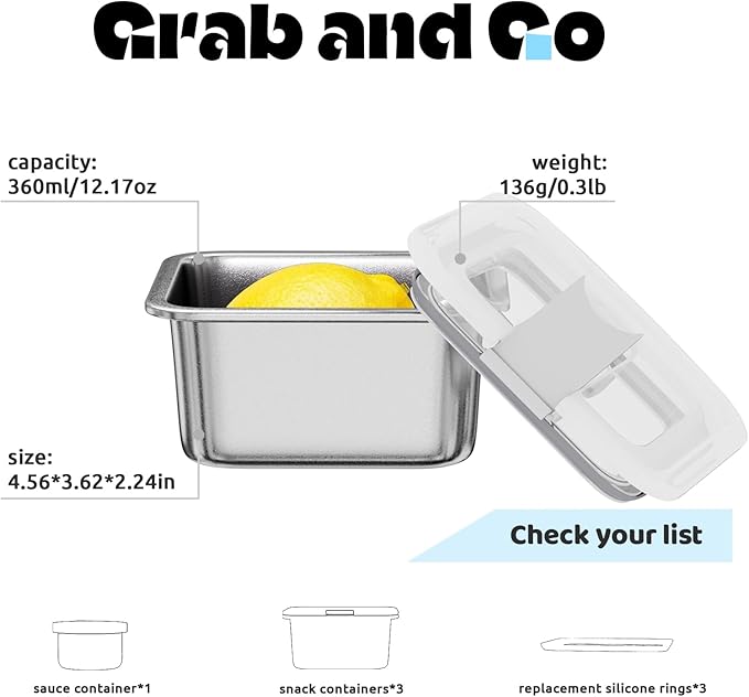 Bakpoco Stainless Steel Snack Lunch Containers for Kids, 3 Packs 12 oz Leak-Proof Lunch Box Containers, Microwave-Safe, Convenient Metal Small Food Storage Container with Lid for School, Work