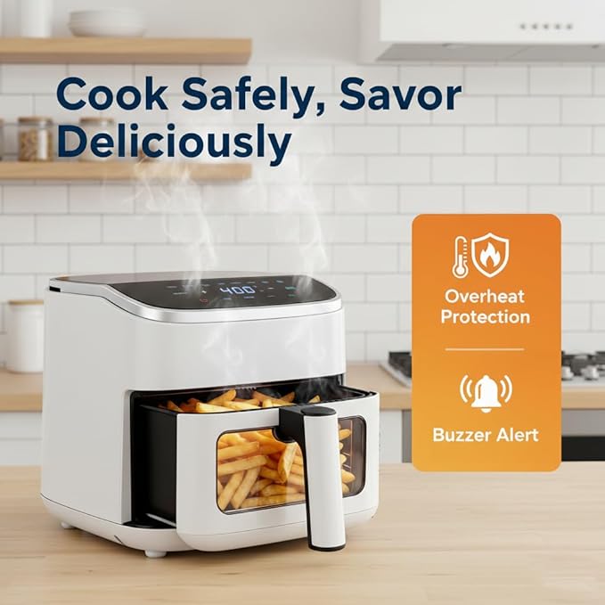 HealSmart 4 Qt Air Fryer with Visible Window, 8-in-1 Digital Airfryer with Interior Light, 1500W, Nonstick Dishwasher-Safe Basket for Fries, Bake, Wings, 60-Min Timer, White