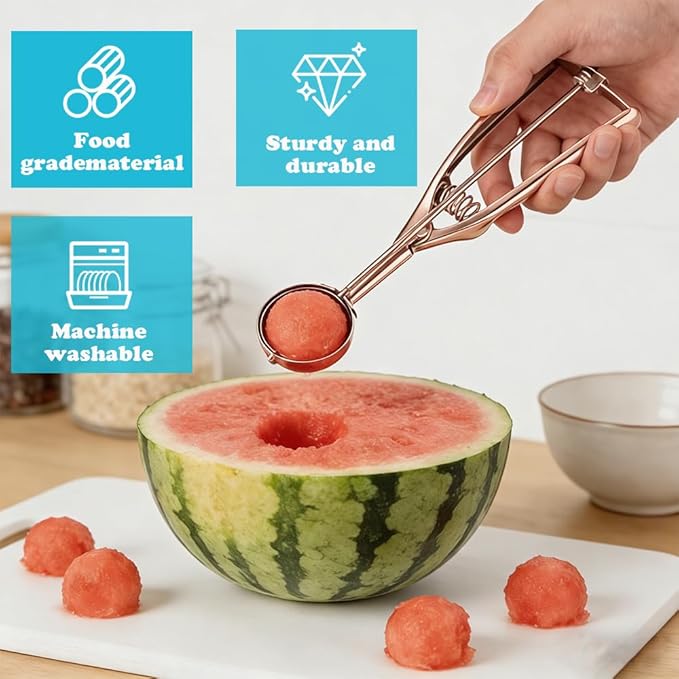 Stainless Steel Ice Cream Scoop Polished Melon Baller Scoop Metal Ice Cream Scoop with Trigger Cookie Scoop for Baking 3 sizes Fruit Spoons Kitchen (Rose Gold, M)
