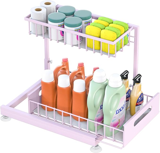Saydear Under Sink Organizer Storage 2-Tier Premium Metal Pull-Out Kitchen Cabinet Organizer with Sliding Drawer, Height Adjustable, Heavy Duty for Kitchen & Bathroom Organizers 1 Pack Pink