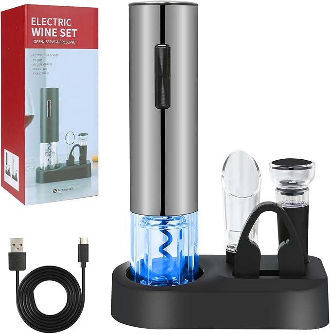 VIDYSUFYR Electric Wine Bottle Opener Set- Silver, Automatic Wine Bottle Opener with Led Light, Rechargeable Corkscrew Kit with Aerator，Foil Cutter，Stoppers