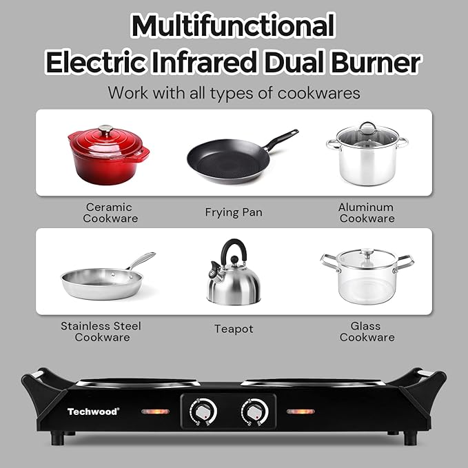 Hot Plate, Techwood 1800W Double Infrared Ceramic Electric Stove for Cooking, Dual Control Cooktop Burners, Portable Anti-scald Handles Suitable for RV/Home/Camp, Compatible for All Cookwares