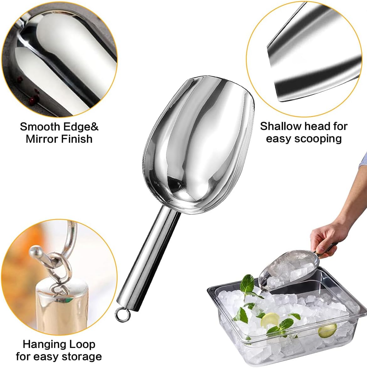 Metal Ice Scoop，Kitchen Ice Scooper for Ice Maker,Stainless Steel Small Ice Scooper for Freezer，Kitchen Gadgets Cookie Flour Pet Dog Food Scoop (silver, 3oz)