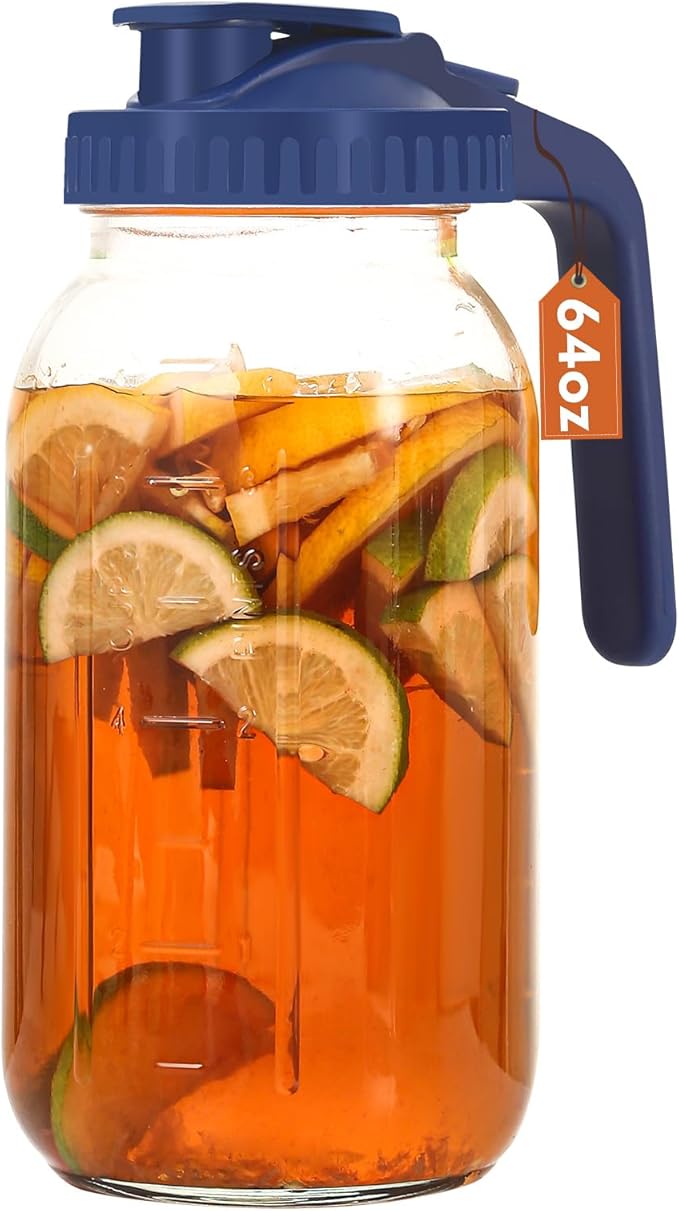 Mihlapi Glass Pitcher with Lid, 64 OZ Mason Jar Pitcher Double Leak Proof, 2 Quart Breast Milk Storage Containers for Fridge, Wide Mouth Glass Jar for Sun Tea, Juice, Cold Brew Coffee