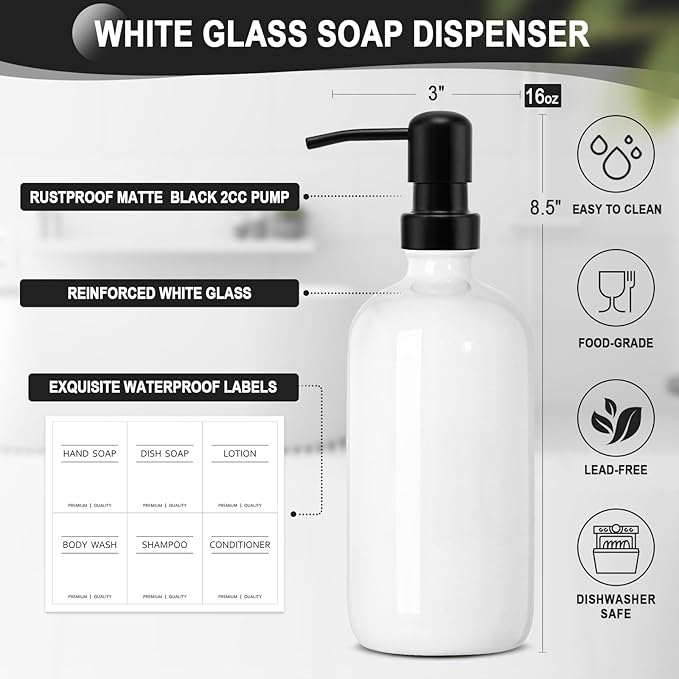 KASUNTING Hand Soap Dispenser for Kitchen, White Soap Dispensers with Stainless Steel Pump, Bathroom Soap Dispenser Set with Wood Riser Tray, Kitchen Dish Soap Dispensers Bathroom Decor(White)
