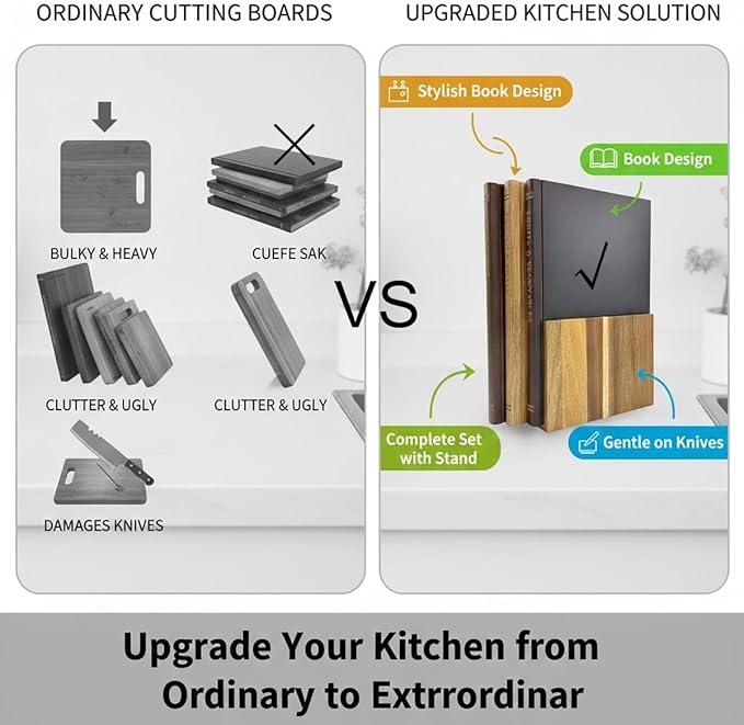 Wood Cutting Board Book Set with Stand for Kitchen, Book Style Wooden Cutting Board, 3-Piece Acacia Wood Chopping Boards Gift Set That Looks Like Books for Meal Prep, Cheese, Bread & Meat