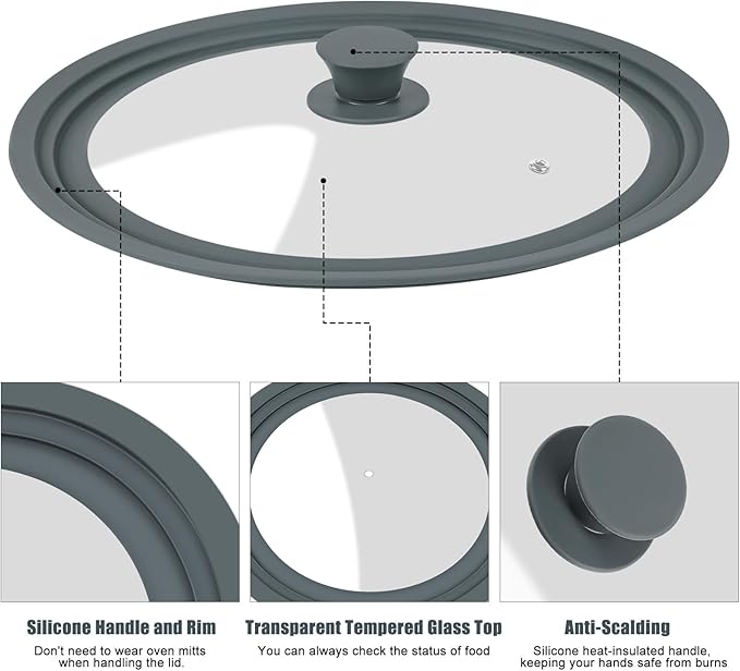 Universal Lid for Pots, Pans, and Skillets - Silicone Replacement Pan Lid - Tempered Glass Pot Lid Cover for Frying Pans, Cast Iron, CrockPot (10-11-12 inch)