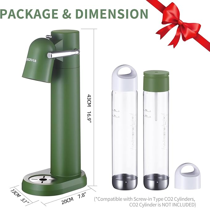 Sparkling Water Maker | Soda Beverage Machine | Soda Streaming Seltzer & Carbonator | 2x1L BPA Free Bottles | Compatible Srew-in 60L CO2 (NOT Included) | Green